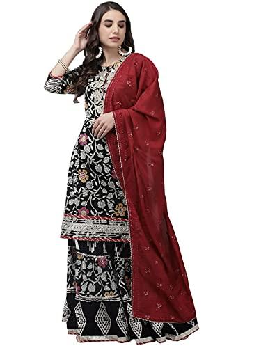 ishin women's cotton blend embroidered a-line kurta suit set with dupatta & sharara kpldsrd-19070_xl_black