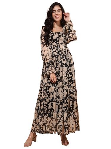 drape and dazzle printed smocked tier maxi dress with sleeves | squar neck dress | stylish dress for women | black_dd-076-black multi-medium