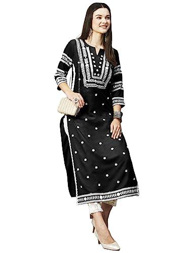 anni designer women's cotton blend embroidered straight kurta (stho-black_m_black_medium)