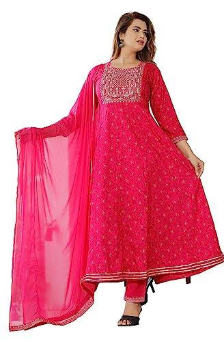 women's rayon printed 3/4 sleeves embroidery work round neck anarkali gown with pant & dupatta for women and girls (gown_3-red-4xl)