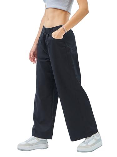 bewakoof women's solid super loose fit cotton wide leg pants_ 620032 black_ 34