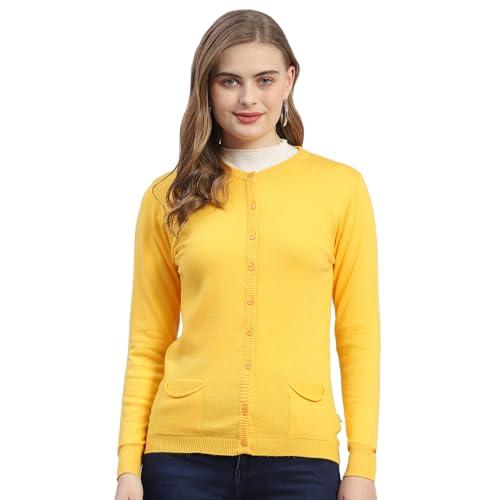 monte carlo womens yellow solid round neck full sleeve wool blend cardigan sweater (1236884rn-6-38)