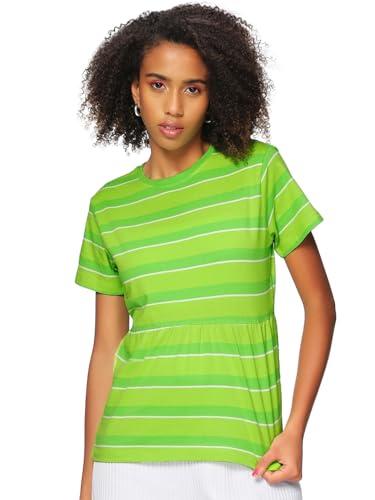 bewakoof women's striped regular fit half sleeve round neck cotton top_502771_green_l