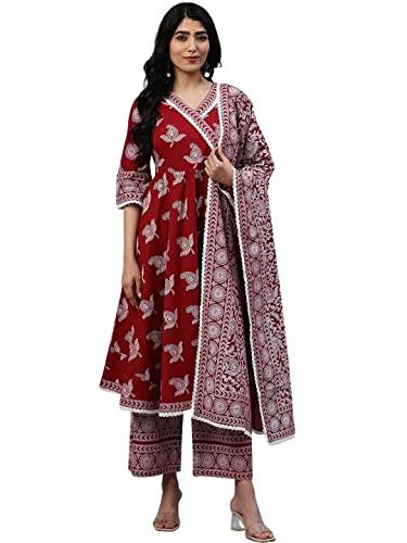 amayra women's rayon printed maroon anarkali kurta with palazzos and dupatta set