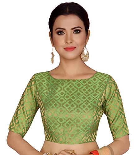 studio shringaar women's readymade brocade elbow length sleeves saree blouse (green, 34)