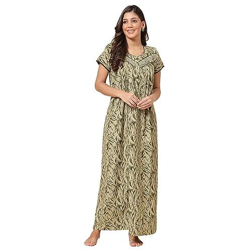 sweet dreams women leaf print half sleeves cotton blend maxi nightdress olive