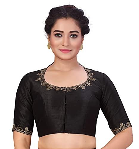 studio shringaar women's readymade cotton embroiderd saree blouse with elbow length sleeves (black, 40)