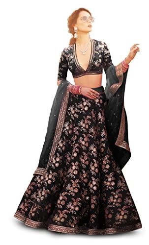 zeel clothing women's floral embroidered semi stitched lehenga choli with dupatta (7028-new-black-wedding,free size)