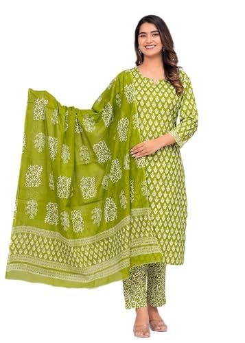 meera fab women's cotton printed straight kurta with palazzo & dupatta set green