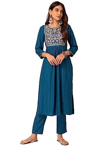 indya women's rayon regular kurta set (ico00424_blue_l)