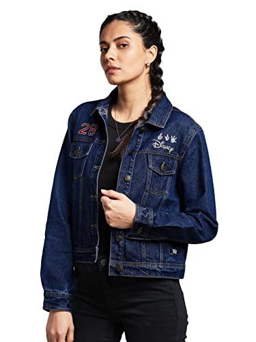 the souled store women official disney navy blue printed denim jackets (x-small)