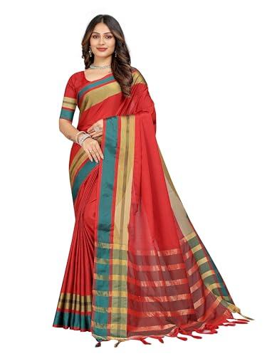 sidhidata women's cotton blend saree with unstitched blouse piece (payal red_red_free size)