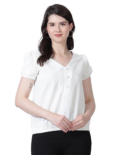 drape and dazzle latest stylish polyester casual wear short sleeve top with smocking in color white top__(dd-072-white-l)