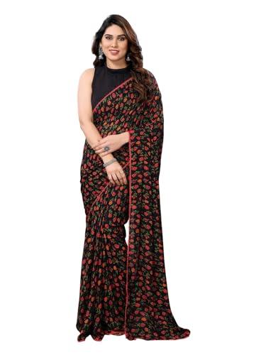 rajeshwar fashion with rf women's readymade pleated pre drape stitched floral printed georgette sarees for ladies with lace border & blouse(ready to wear one minute black saree)