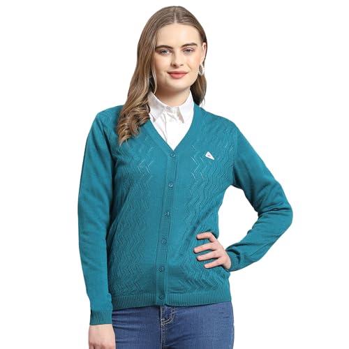 monte carlo womens turquoise self design v neck full sleeve wool blend cardigan sweater (1239547vn-155-44)