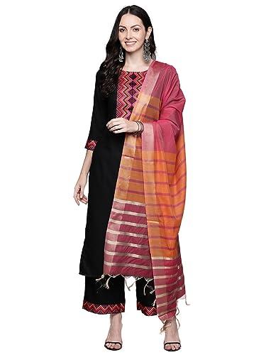 indo era women's black yoke design cotton blend kurta palazzo with dupatta set (kh4bk5301_small)