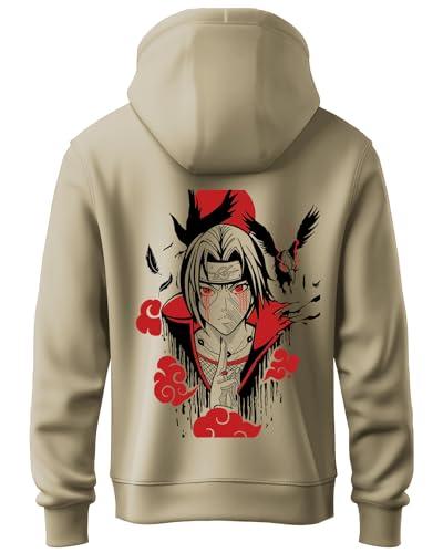 adro mens hoodies with itachi uchiha anime backside printed, 100% cotton 340gsm. (h23-m-ita-be_beige_l)