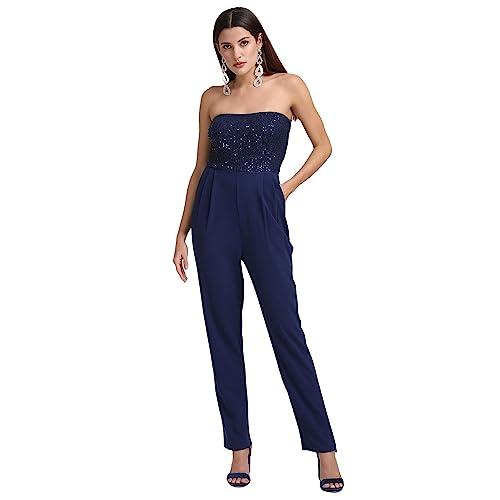 kazo abstract blended regular fit womens sleeveless jumpsuit (navy blue, medium)