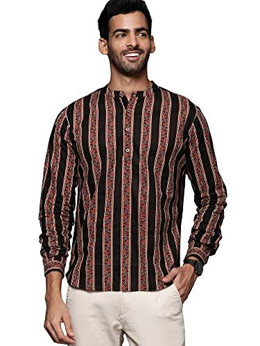 indo era men's cotton striped daily straight short kurta (mkr0bk1177xl_black_ready to wear_xl-size)