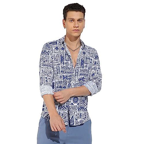 campus sutra men's indigo blue contrast aztec shirt for casual wear | spread collar | long sleeve | button closure | rayon slub lycra shirts crafted with comfort fit for everyday wear