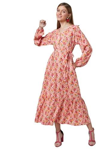 style quotient women peach and multi floral polyester fit and flare smart casual maxi dress