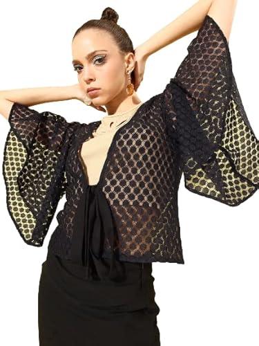 style quotient women black self design open knit tie-up shrug