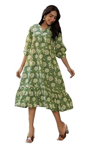 janasya women's green cotton floral a-line dress(jaa24dr00102-xxl)