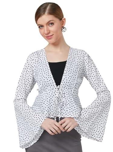 style quotient women white and black polka dot polyester peplum smart casual shrug