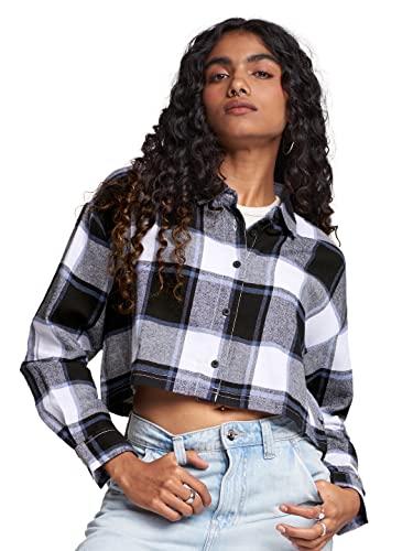 the souled store|collared neck plaid: multi crop women cropped shirts|full sleeve solid|100% cotton multicolored cropped shirts cropped shirts fashionable trendy graphic prints pop culture merchandise