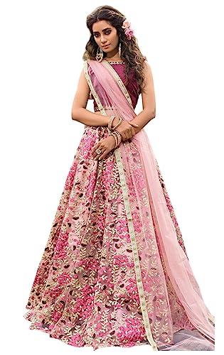 zeel clothing women's thread & zari embroidered net semi-stitched lehenga choli with dupatta (3609-maroon-wedding-bridal-latest-new; free size)