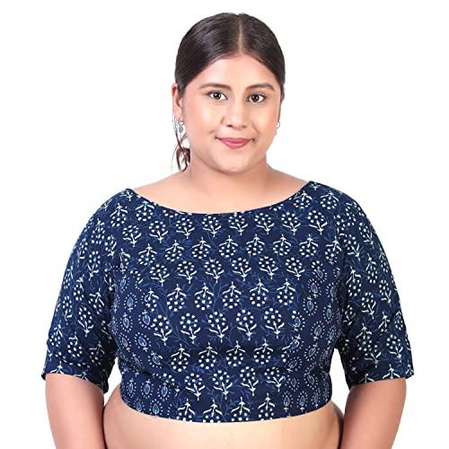 studio shringaar women's plus size cotton block print elbow length sleeves saree blouse (46), multicolor