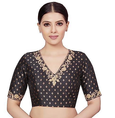 studio shringaar women's brocade embroidered v-neck readymade elbow length sleeves saree blouse (black, 34)