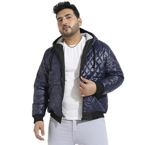 instafab plus men's blue quilted puffer jacket with zip-closure for casual wear | hooded neck | long sleeve | zipper closure | polyester jacket crafted with comfort fit for everyday wear (3xl)