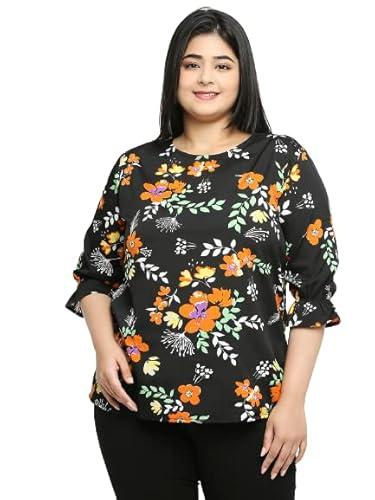 style quotient women black and orange floral polyester regular smart casual top