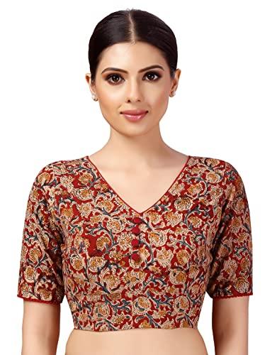 studio shringaar women's readymade cotton kalamkari printed saree blouse with elbow length sleeves (brick red & beige 38)