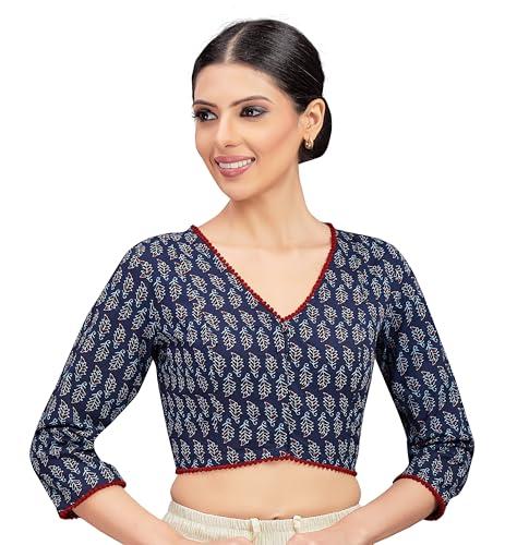 studio shringaar women's cotton 3/4 sleeves block printed cotton v neck saree blouse (navy blue, 38)