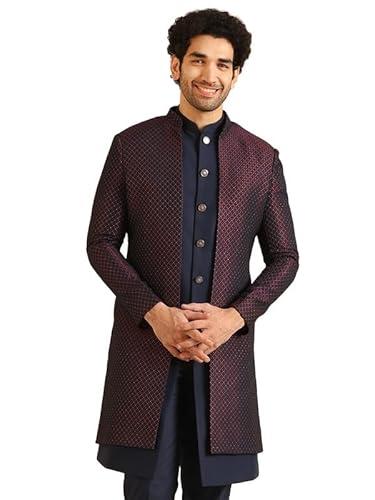 kisah men's indo-western sherwani, wine jacquard, woven design regular fit mandarin collar long sleeves (40)