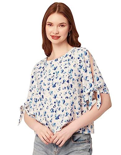 moomaya women’s printed round neck top, tie-up cold shoulder top