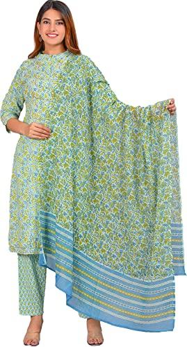 yash gallery women's embroidered floral printed straight kurta with pant and dupatta(1431ykgreen_green_large)