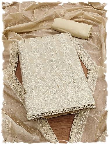 pandadi saree women's beige elegant lucknowi work with modal chanderi and embroidered dupatta unstitched dress material