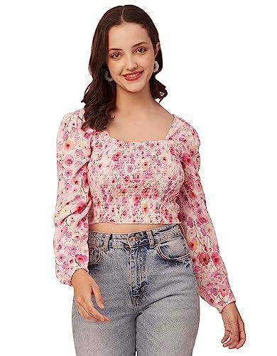 moomaya women's printed square neck crop top, long sleeves smocked summer top