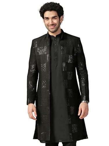 kisah men's indo-western sherwani, black viscose rayon, embellished regular fit mandarin collar long sleeves (40)