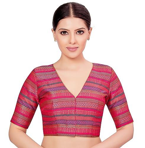 studio shringaar women's multi-coloured brocade readymade saree half sleeve blouse (multi-color, 36)