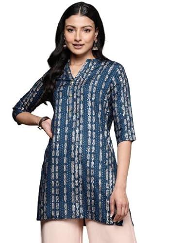 anubhutee women's viscose rayon navy blue foil print geometric printed straight kurti