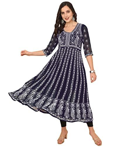 ethnicjunction women's georgette chikankari embroidery anarkali kurta (b19-apsara-navy_s_navy blue)