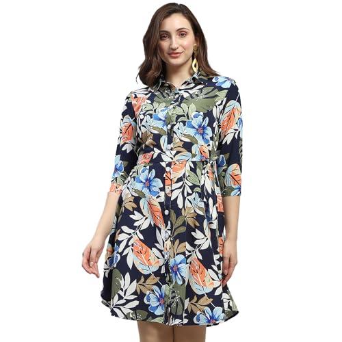 monte carlo womens vy blue floral print collared neck 3/4th sleeve regular fit dress (224065567-1-44)