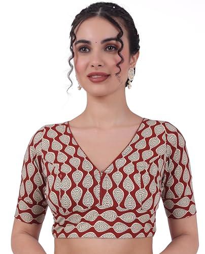 studio shringaar women's readymade cotton katha printed saree blouse with elbow length sleeves (brown,36)