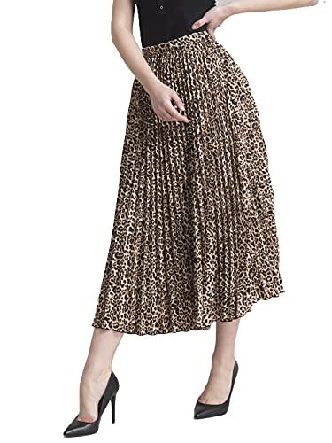 fablestreet women's polyester pleated flared animal print midi skirt (brown) (30) (sk037brbk-30)