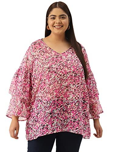 therebelinme plus size women's pink floral printed georgette longline top(xxxl)