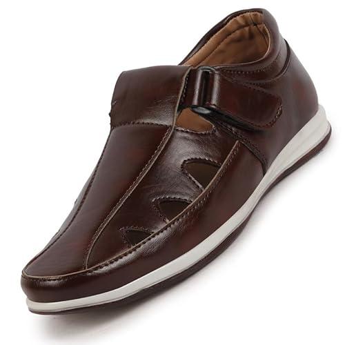 fausto fst fosms-2117 brown-45 men's brown perforated laser cut shoe style sandal with ankle strap (11 uk)